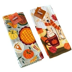 Celebrate Together Fall Kitchen Towels: 2 Puppies & Pumpkins; 2 Fall Food NEW